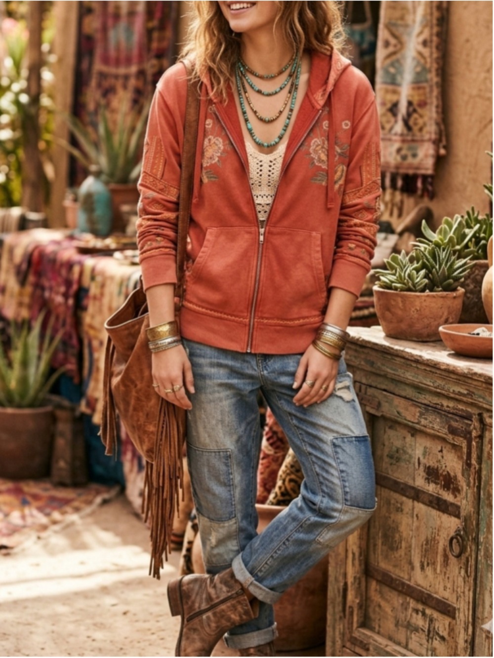 Driftwood Teddy Hoodie Floral Embroidered Women's XSmall Rust Orange Zip Up